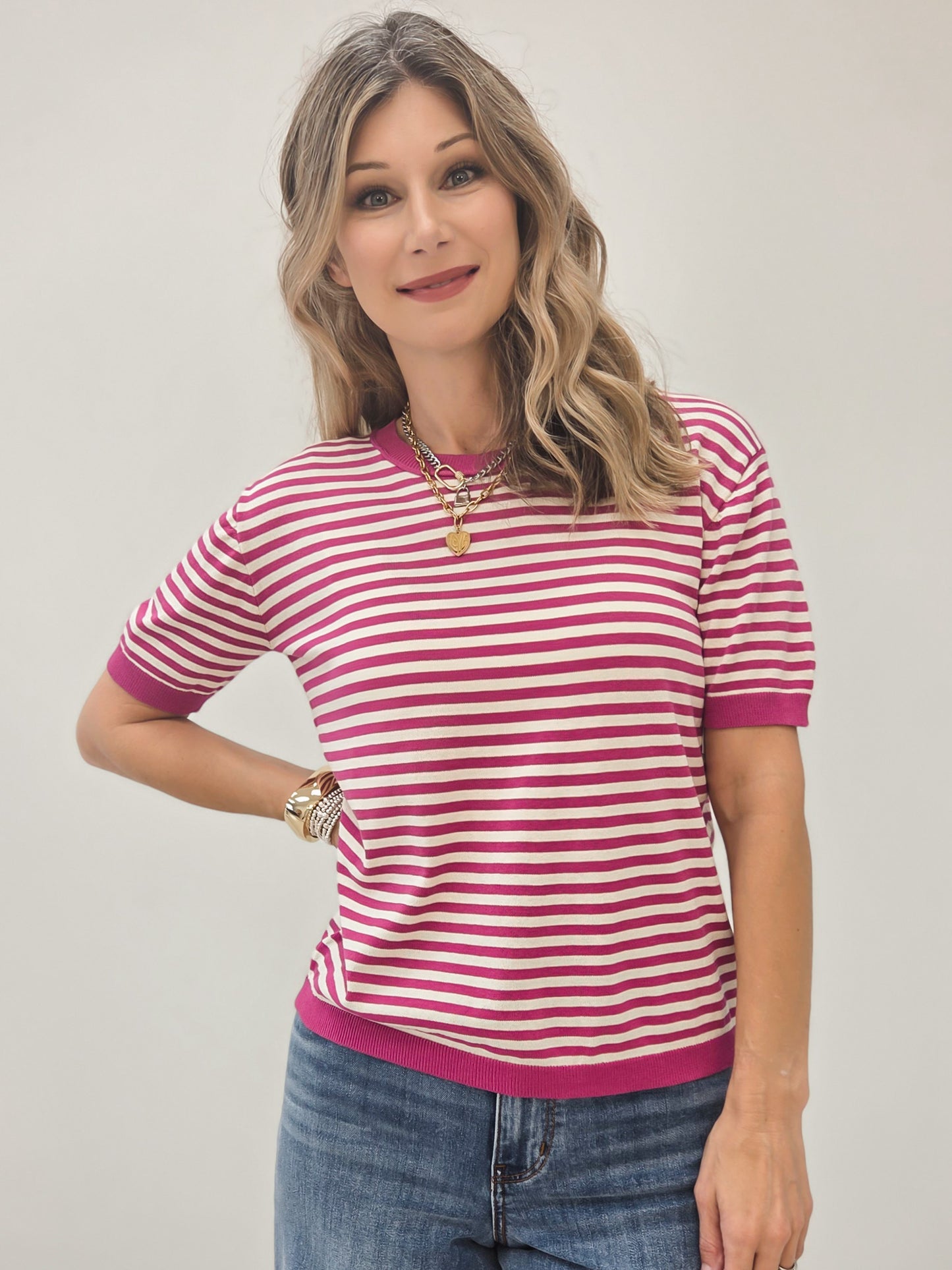 LIVE BOX CREW NECK HALF SLEEVE STRIPED SWEATER