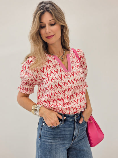 LIVE BOX SPLIT NECK SMOCKED HEM PUFF SLEEVE GEO FLORAL PRINT TOP
