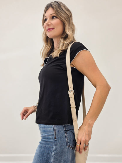 LIVE BOX PICO STICH DETAIL SPLIT NECK SHORT SLEEVE COTTON TOP