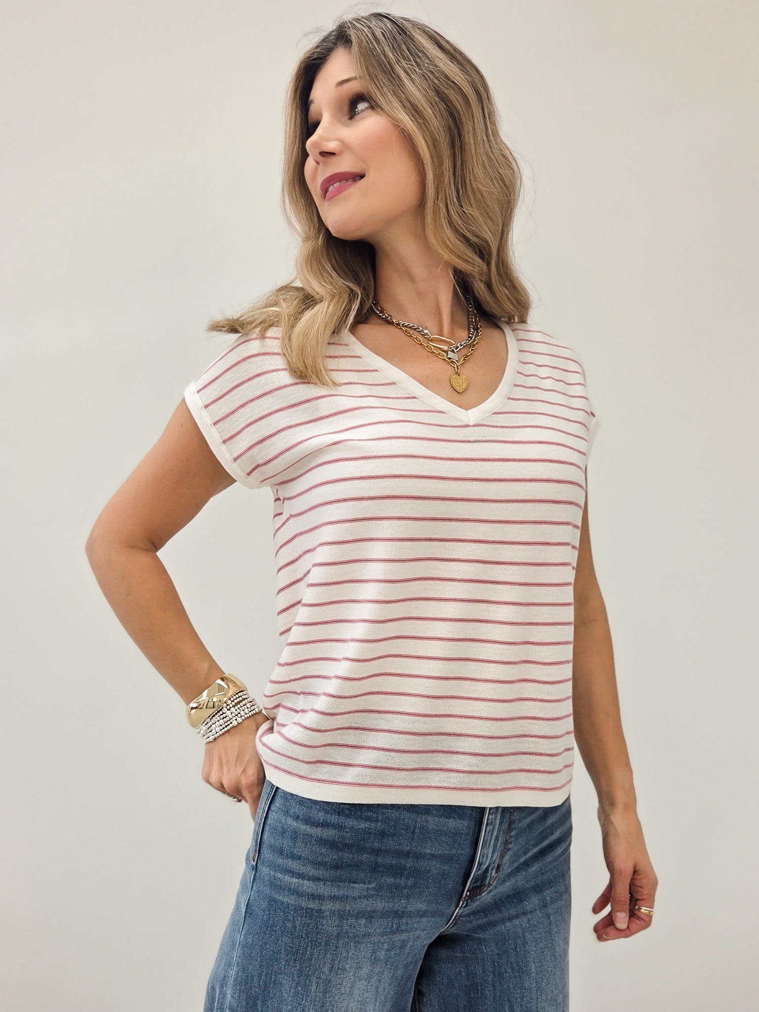 LIVE BOX V-NECK SHORT SLEEVE STRIPED PULLOVER SWEATER