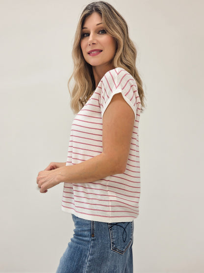 LIVE BOX V-NECK SHORT SLEEVE STRIPED PULLOVER SWEATER