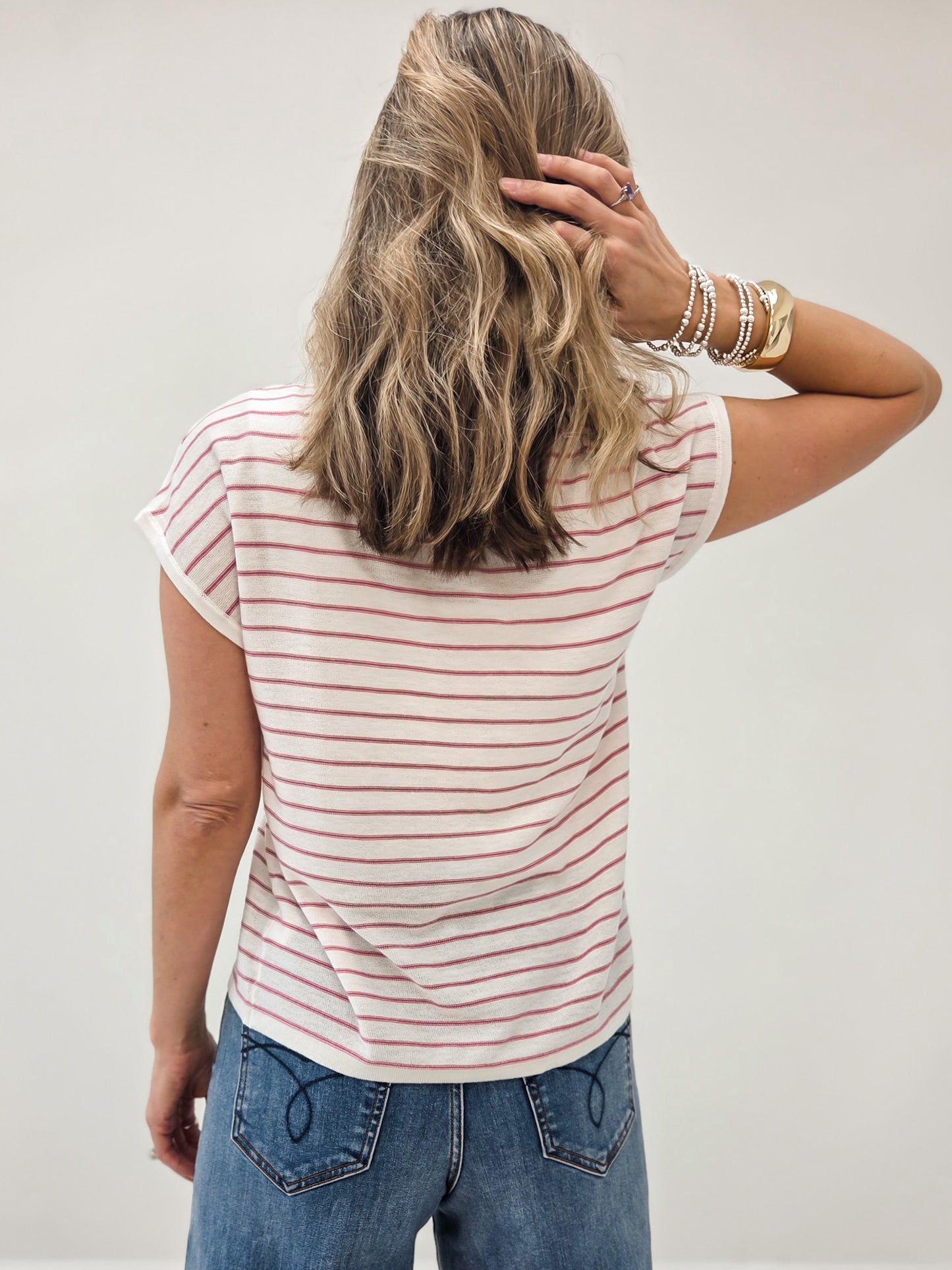 LIVE BOX V-NECK SHORT SLEEVE STRIPED PULLOVER SWEATER