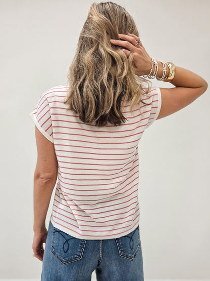 LIVE BOX V-NECK SHORT SLEEVE STRIPED PULLOVER SWEATER