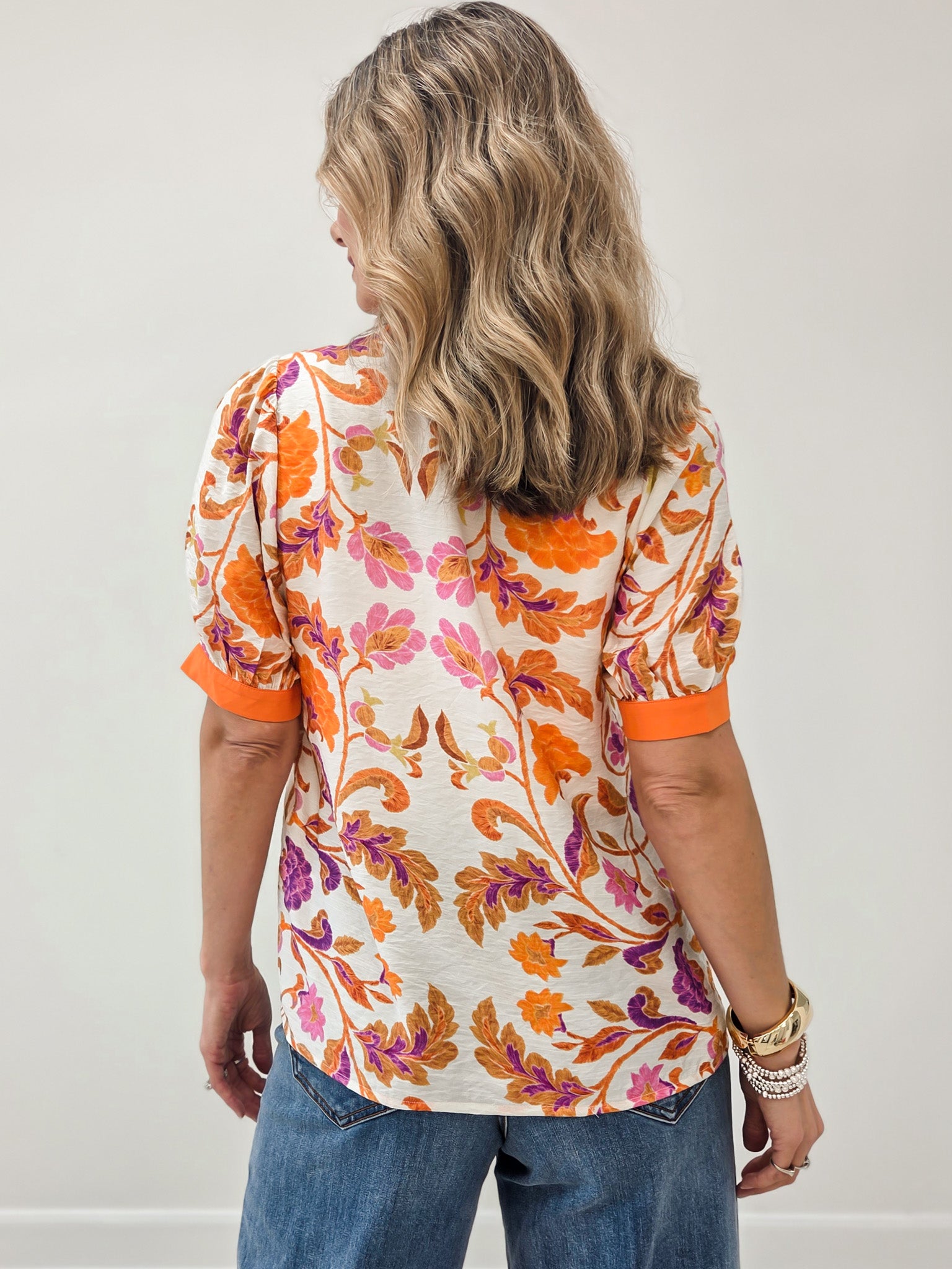 LIVE BOX MANDARIN Y-SPLIT NECK COLLAR PUFF SLEEVE FLORAL PRINT TOP