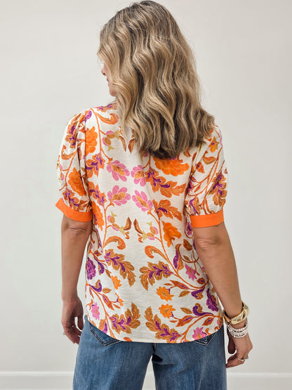 LIVE BOX MANDARIN Y-SPLIT NECK COLLAR PUFF SLEEVE FLORAL PRINT TOP