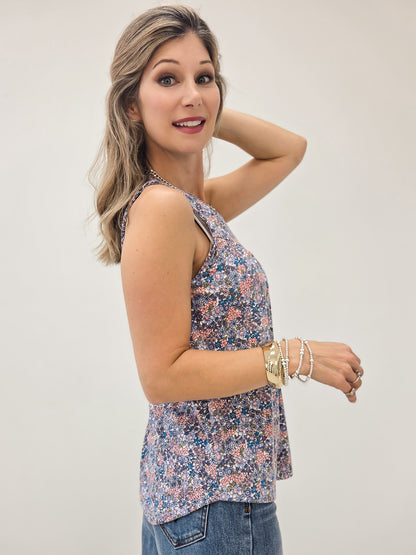 LIVE BOX ROUND NECK GATHERED CHEST SLEEVELESS FLORAL PRINT TOP