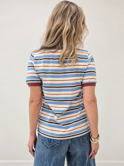 LIVE BOX COLOR TRIMMED SHORT SLEEVE MULTI STRIPED TOP
