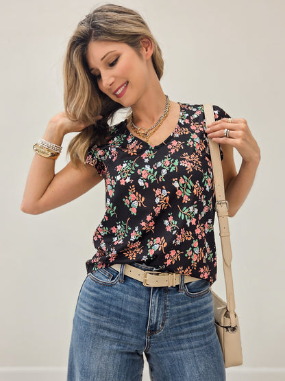 LIVE BOX V NECK FLUTTER SHORT SLEEVE FLORAL PRINTED JERSEY TOP