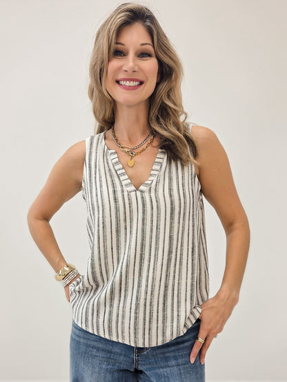 LIVE BOX Y-SPLIT NECK SLEEVELESS STRIPED TANK TOP