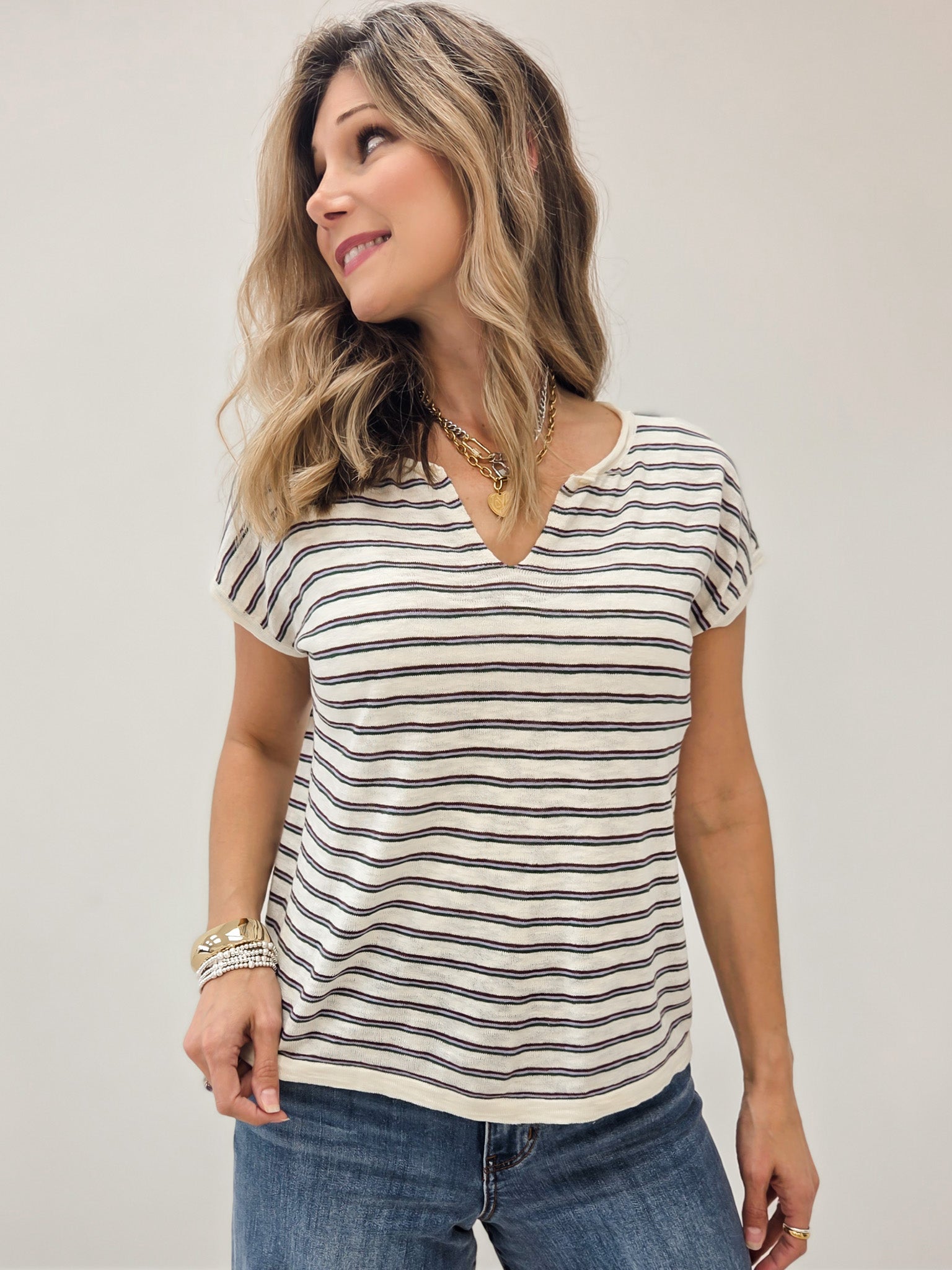LIVE BOX MULTI STRIPED SLIT NECK SHORT SLEEVE SWEATER TOP