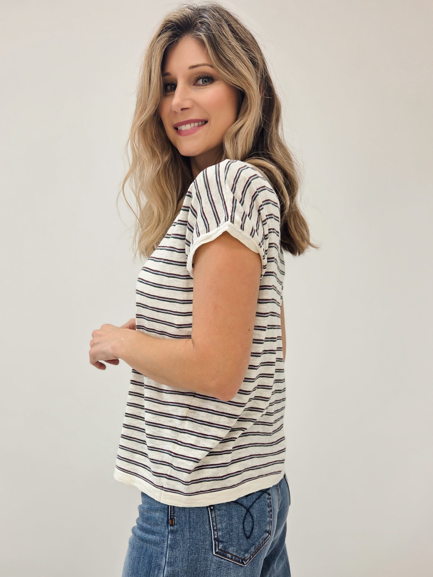 LIVE BOX MULTI STRIPED SLIT NECK SHORT SLEEVE SWEATER TOP