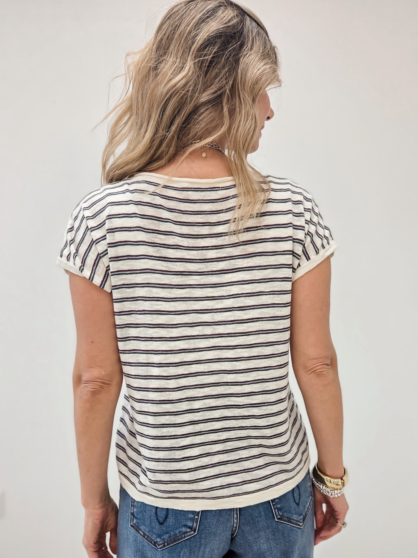 LIVE BOX MULTI STRIPED SLIT NECK SHORT SLEEVE SWEATER TOP