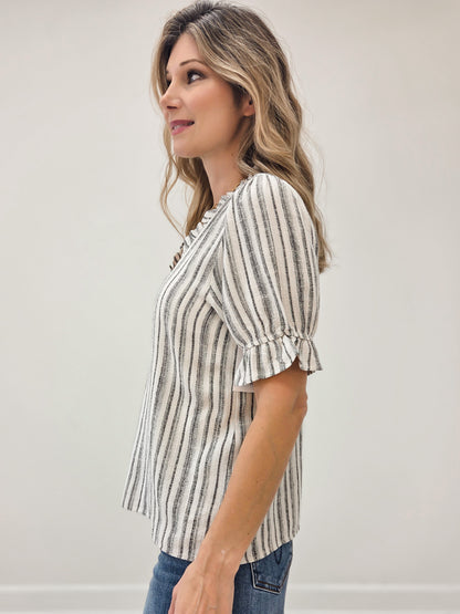 LIVE BOX FRILLED V NECK RUFFLE ELASTIC HEM SHORT SLEEVE STRIPE TOP