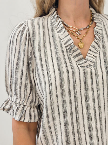 LIVE BOX FRILLED V NECK RUFFLE ELASTIC HEM SHORT SLEEVE STRIPE TOP