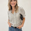 LIVE BOX FRILLED V NECK RUFFLE ELASTIC HEM SHORT SLEEVE STRIPE TOP