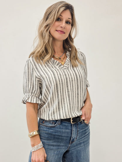 LIVE BOX FRILLED V NECK RUFFLE ELASTIC HEM SHORT SLEEVE STRIPE TOP