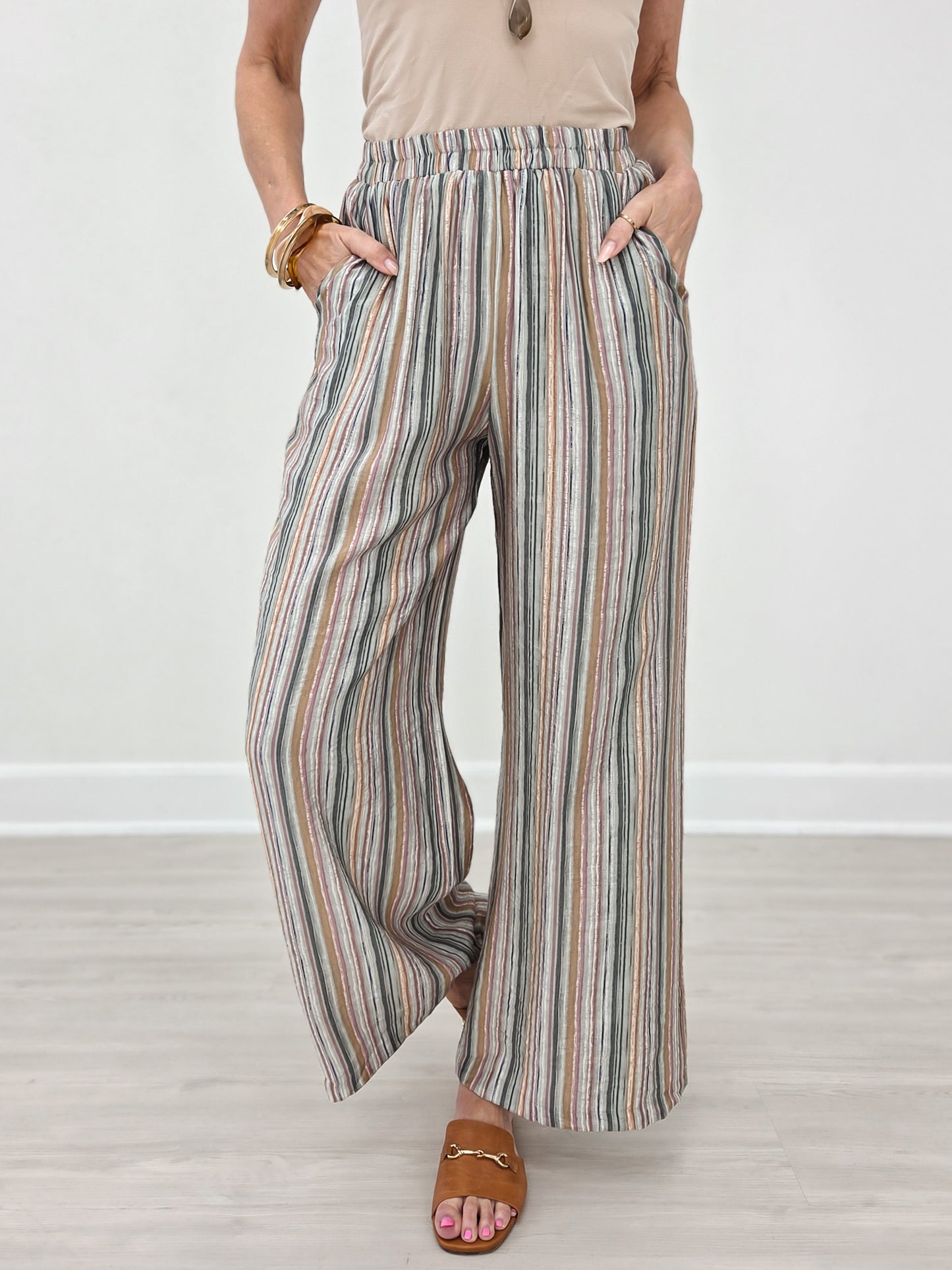 Elastic Waist Striped Wide Leg Pants