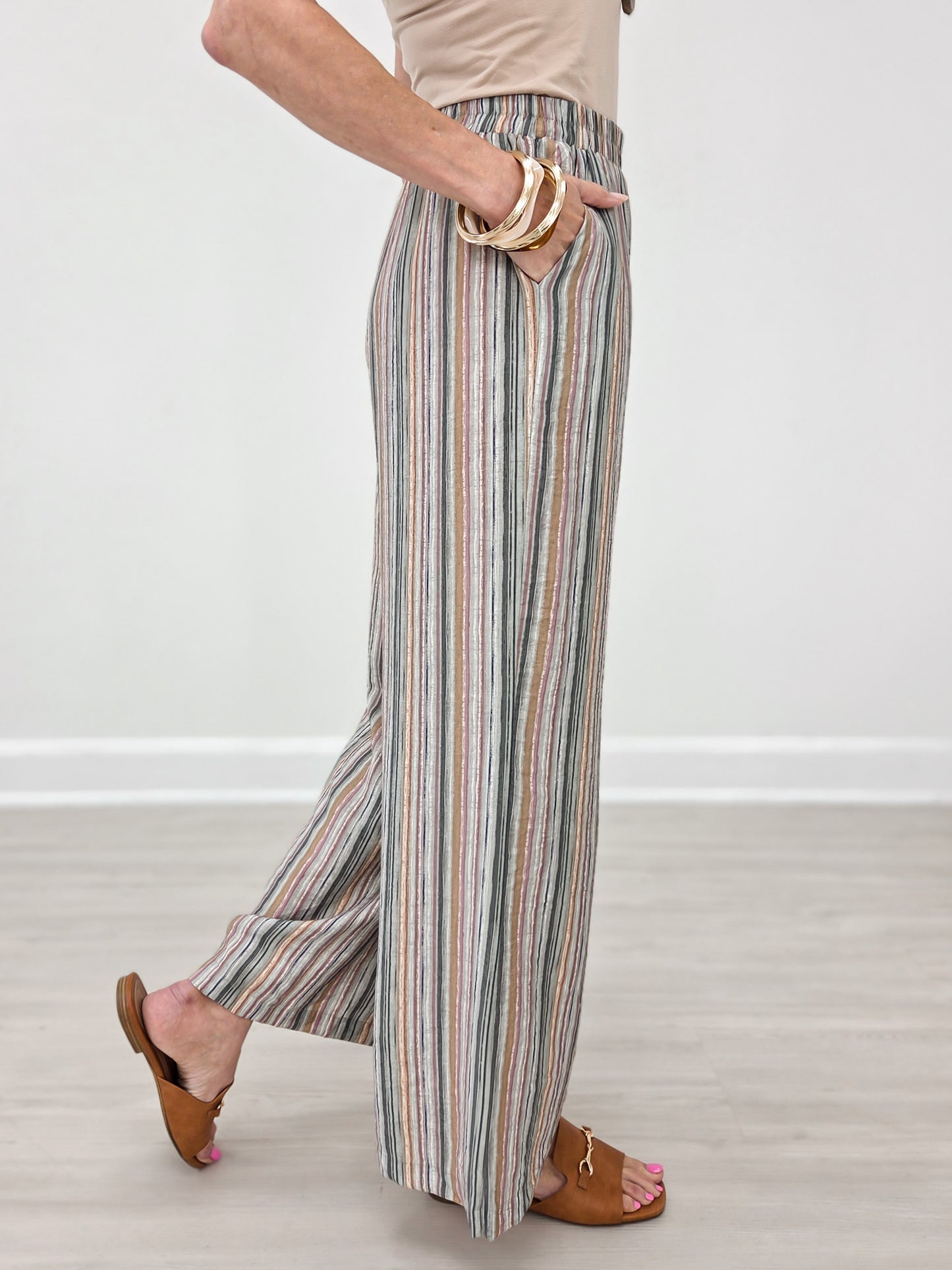 Elastic Waist Striped Wide Leg Pants