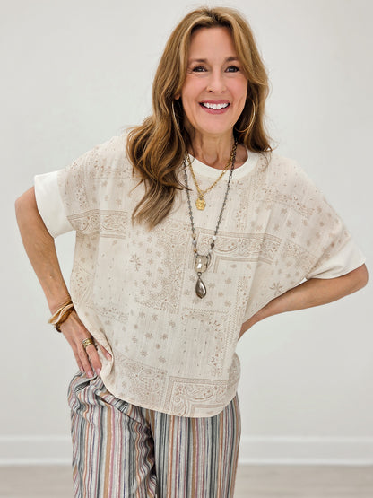 Patchwork Paisley Print Dolman Short Sleeve Top