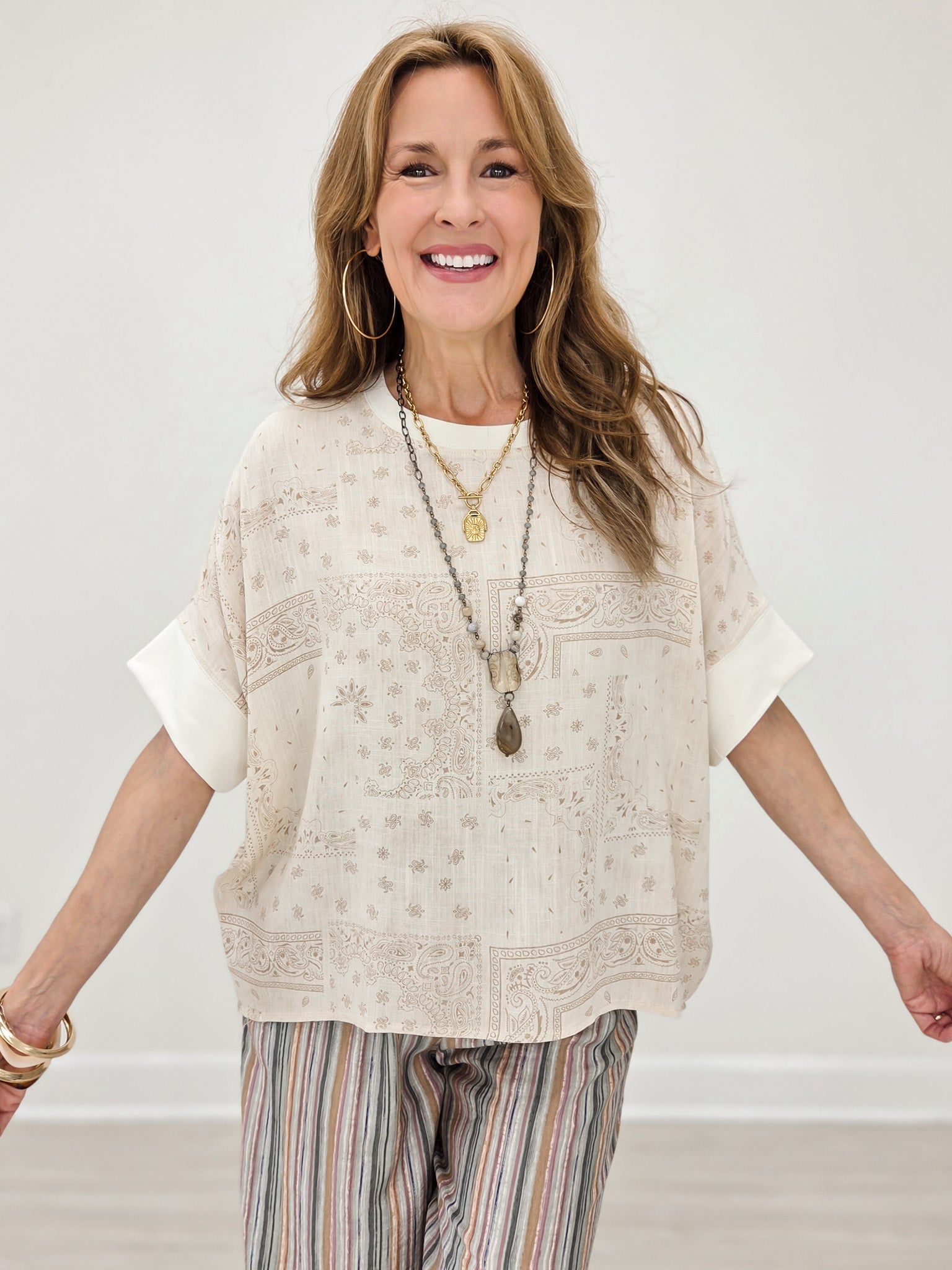 Patchwork Paisley Print Dolman Short Sleeve Top
