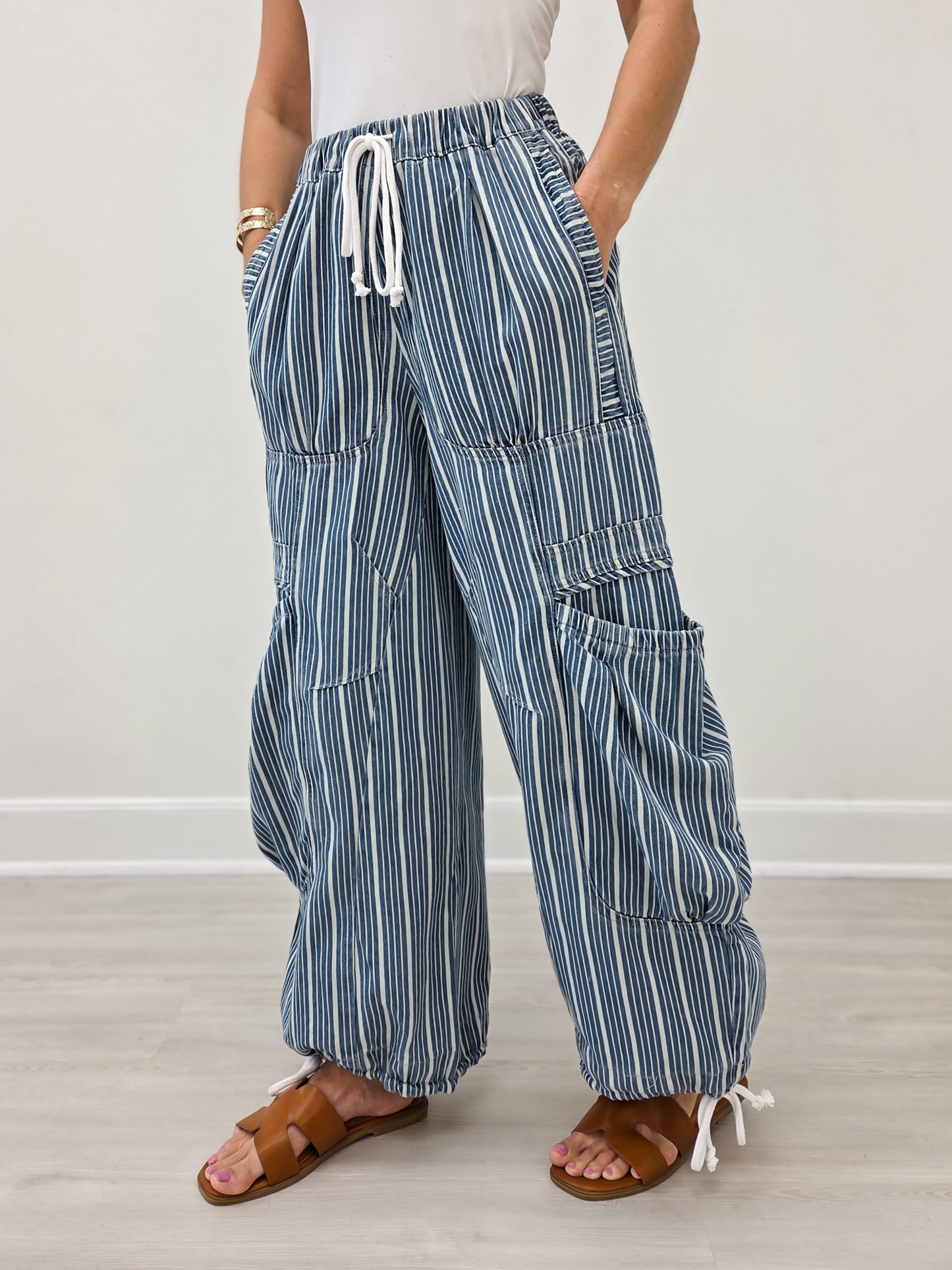 Striped Denim Drawstring Waist Parachute Pants