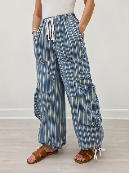 Striped Denim Drawstring Waist Parachute Pants