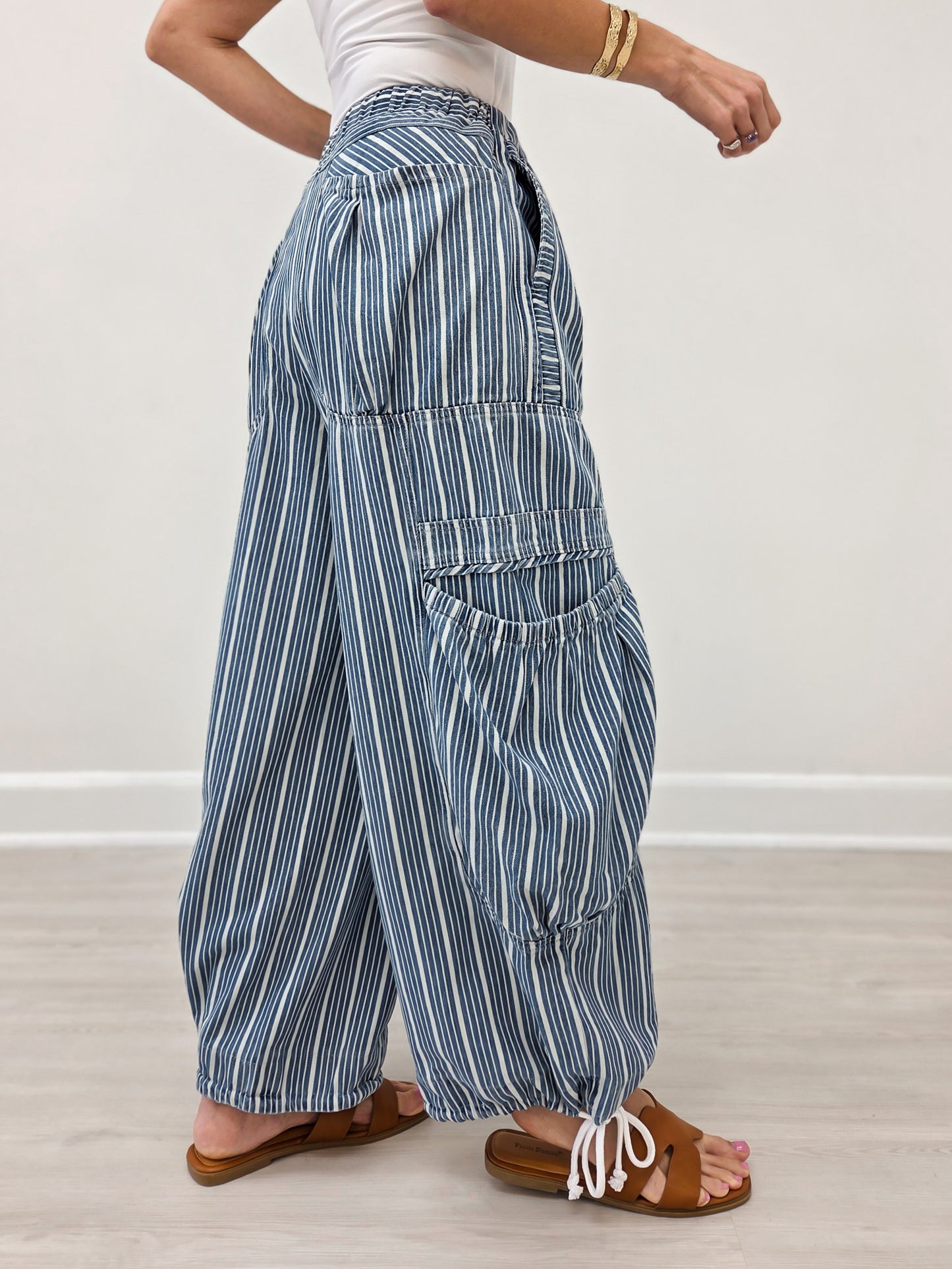 Striped Denim Drawstring Waist Parachute Pants