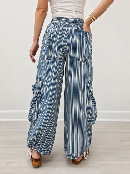 Striped Denim Drawstring Waist Parachute Pants