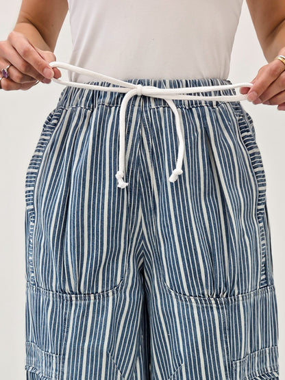Striped Denim Drawstring Waist Parachute Pants