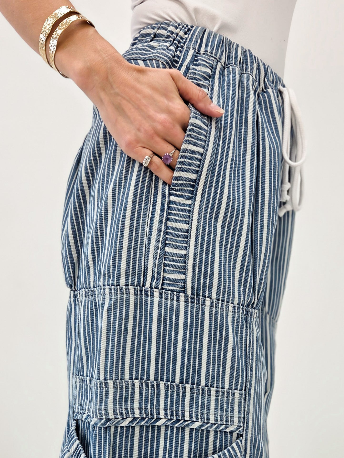 Striped Denim Drawstring Waist Parachute Pants