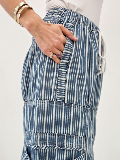 Striped Denim Drawstring Waist Parachute Pants