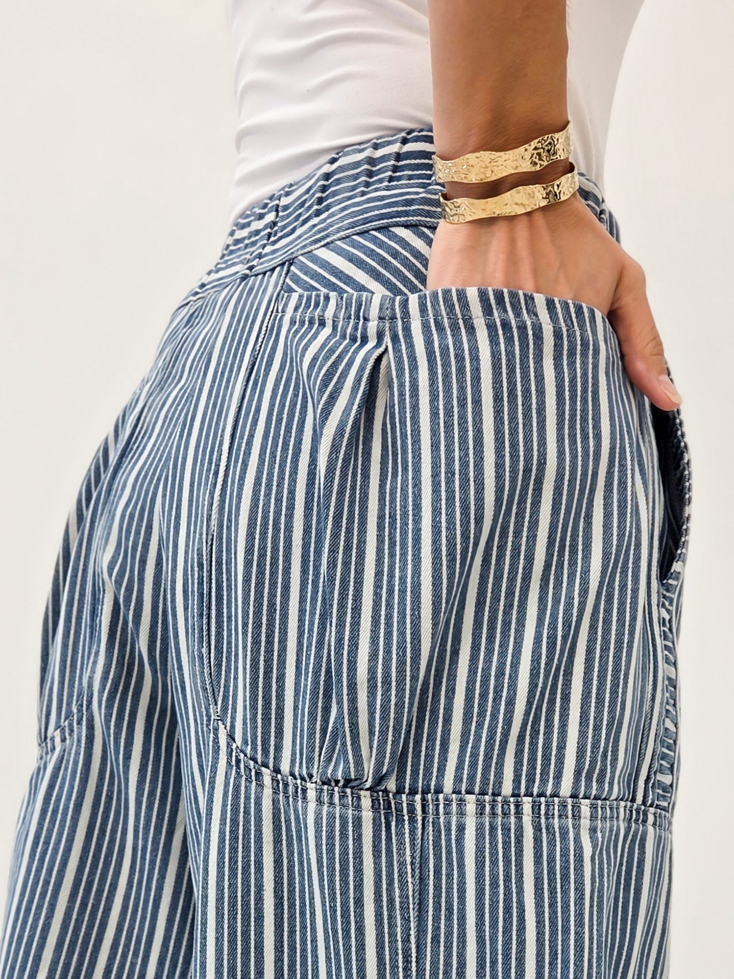 Striped Denim Drawstring Waist Parachute Pants