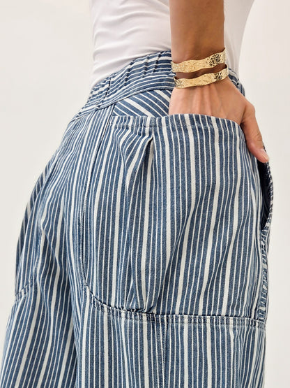 Striped Denim Drawstring Waist Parachute Pants