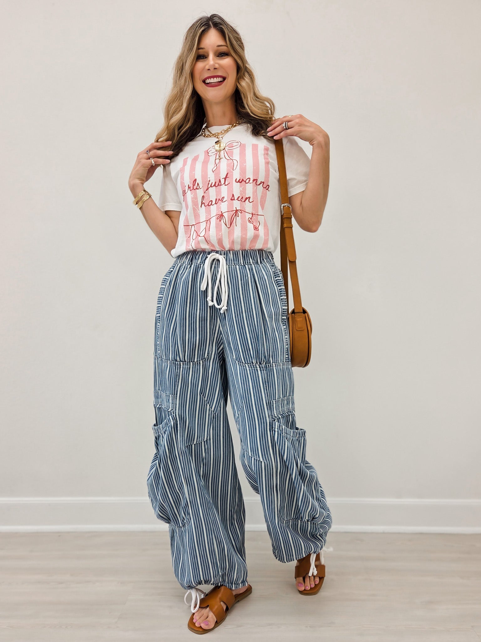 Striped Denim Drawstring Waist Parachute Pants