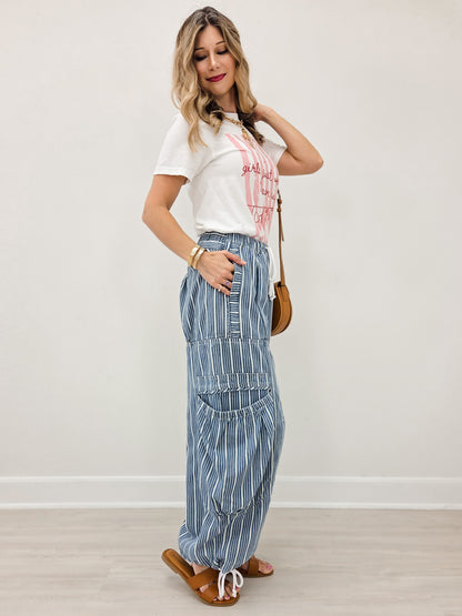 Striped Denim Drawstring Waist Parachute Pants