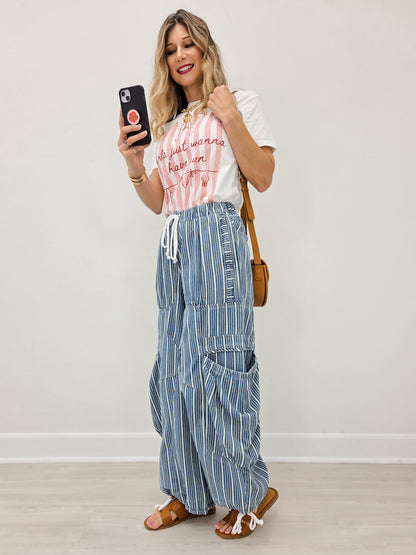Striped Denim Drawstring Waist Parachute Pants