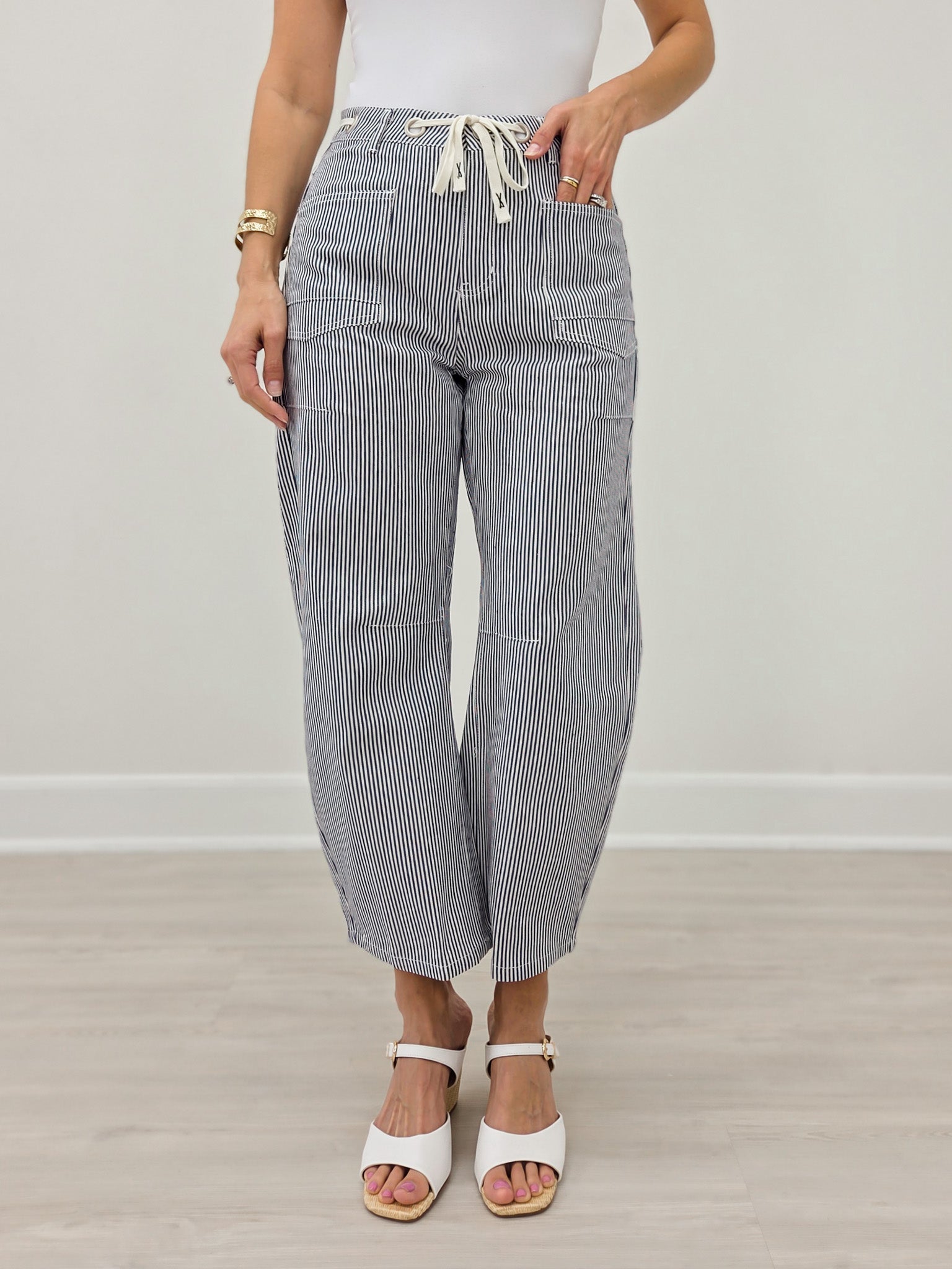 Drawstring Striped Barrel Pants