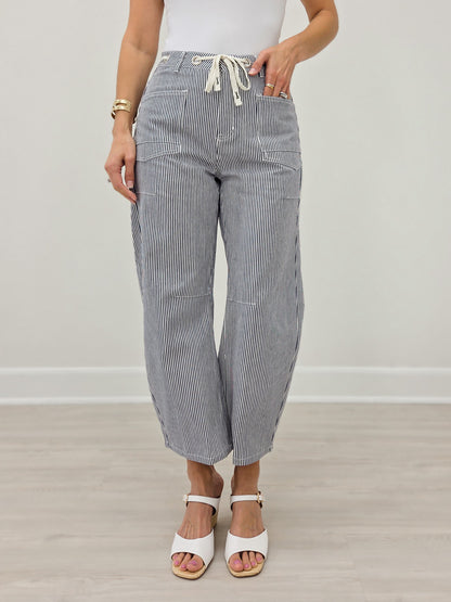 Drawstring Striped Barrel Pants
