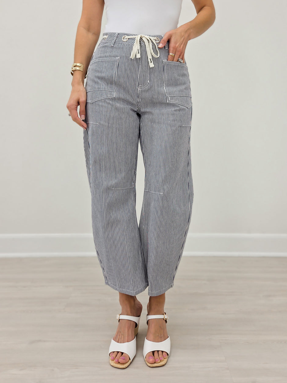 Drawstring Striped Barrel Pants