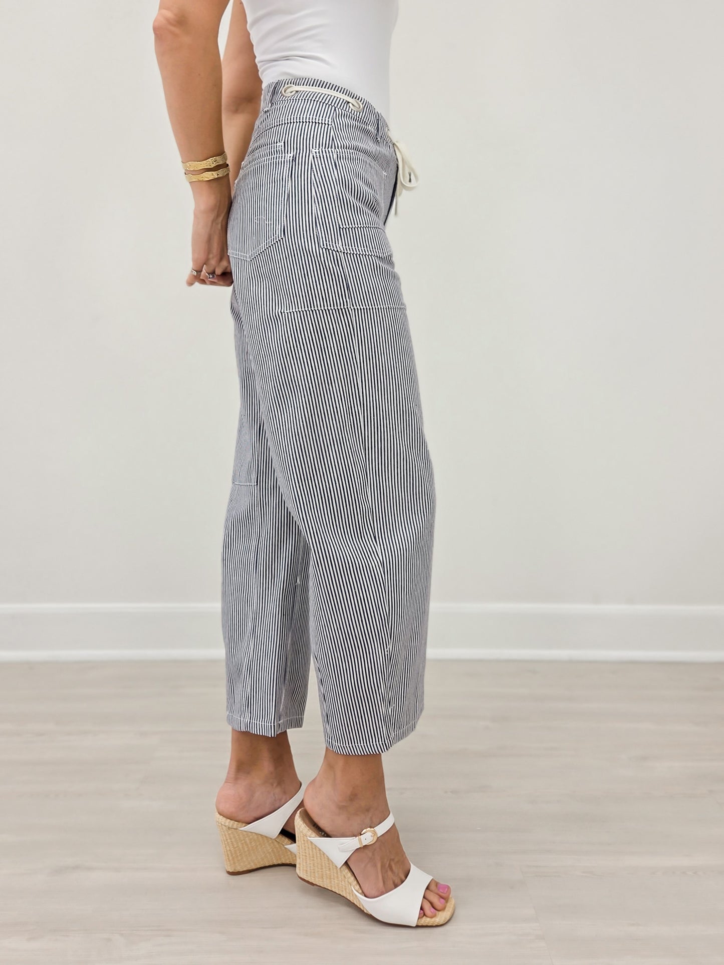 Drawstring Striped Barrel Pants