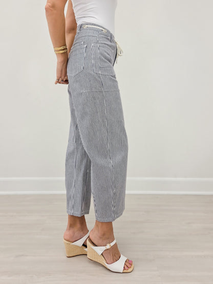 Drawstring Striped Barrel Pants