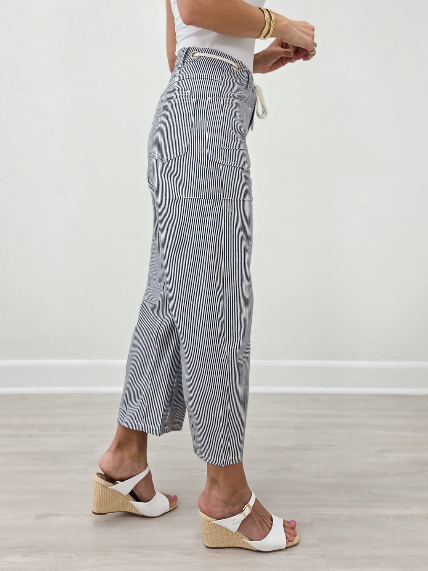 Drawstring Striped Barrel Pants