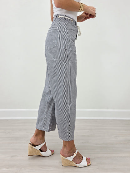 Drawstring Striped Barrel Pants