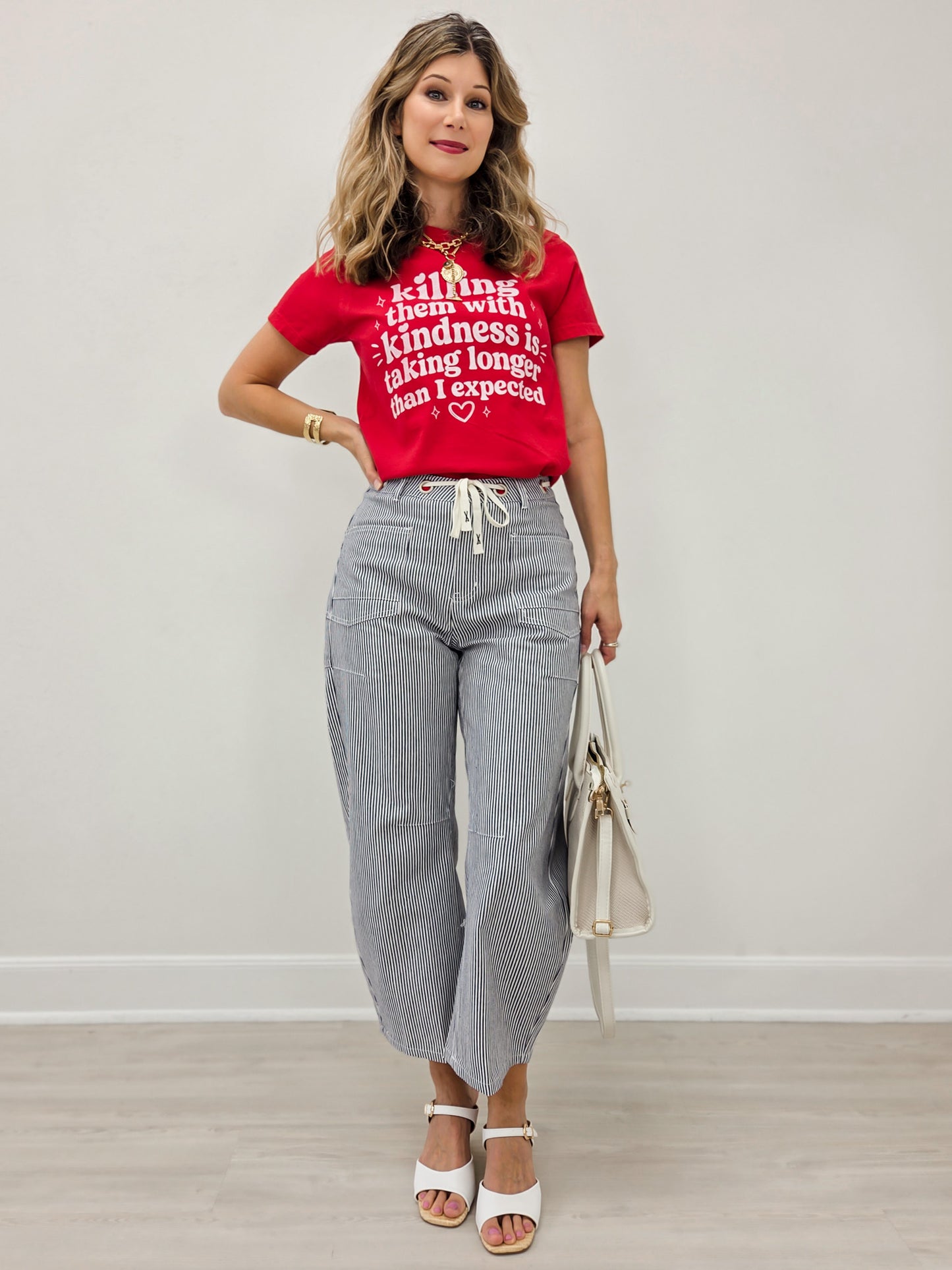 Drawstring Striped Barrel Pants
