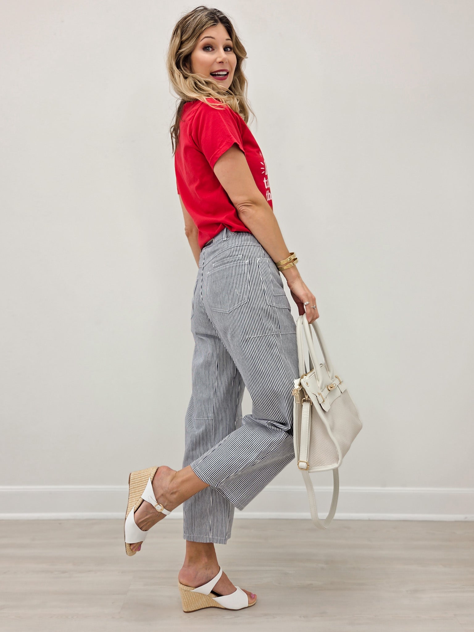 Drawstring Striped Barrel Pants