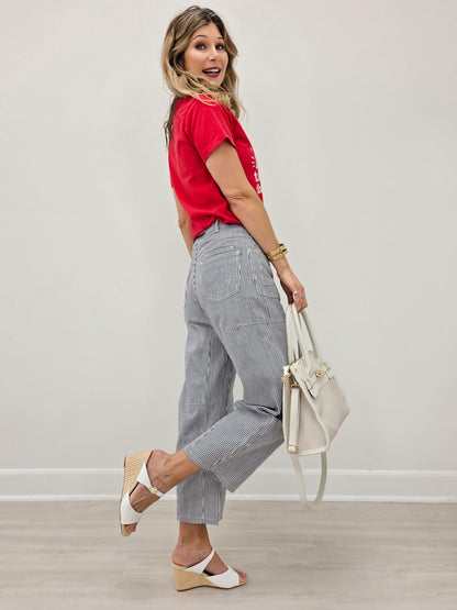 Drawstring Striped Barrel Pants
