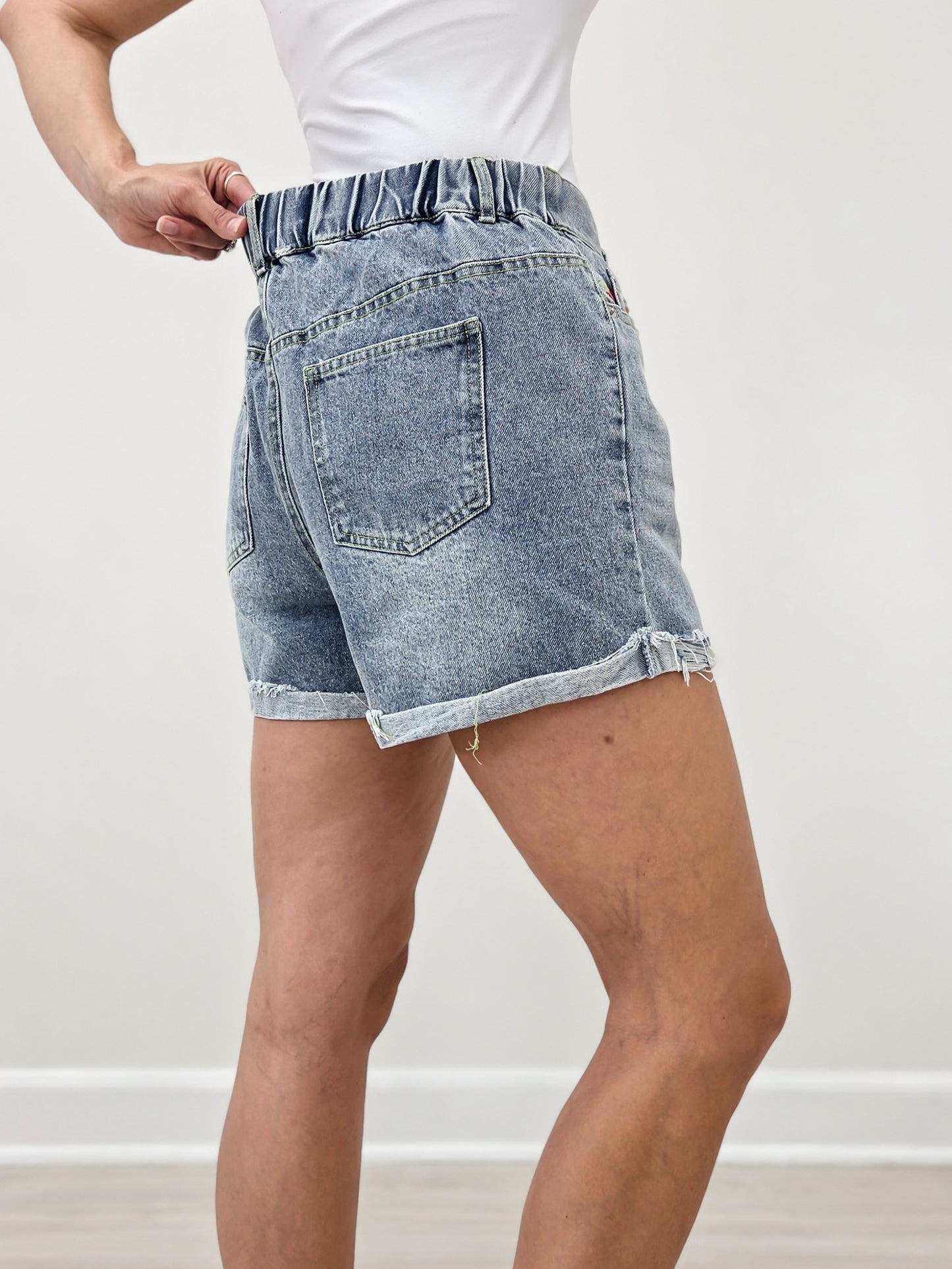 High Waist Denim Shorts With Strawberry Embroidery