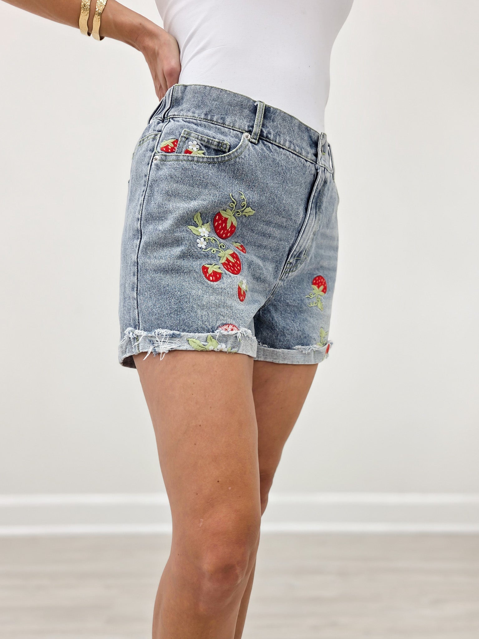 High Waist Denim Shorts With Strawberry Embroidery