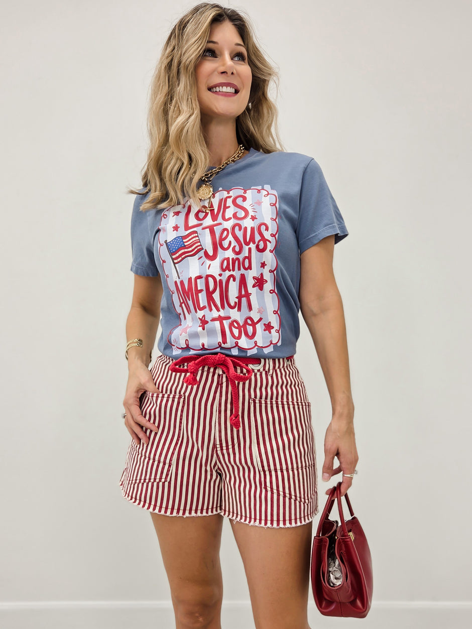 Loves Jesus And America Too Patriotic Graphic Tee
