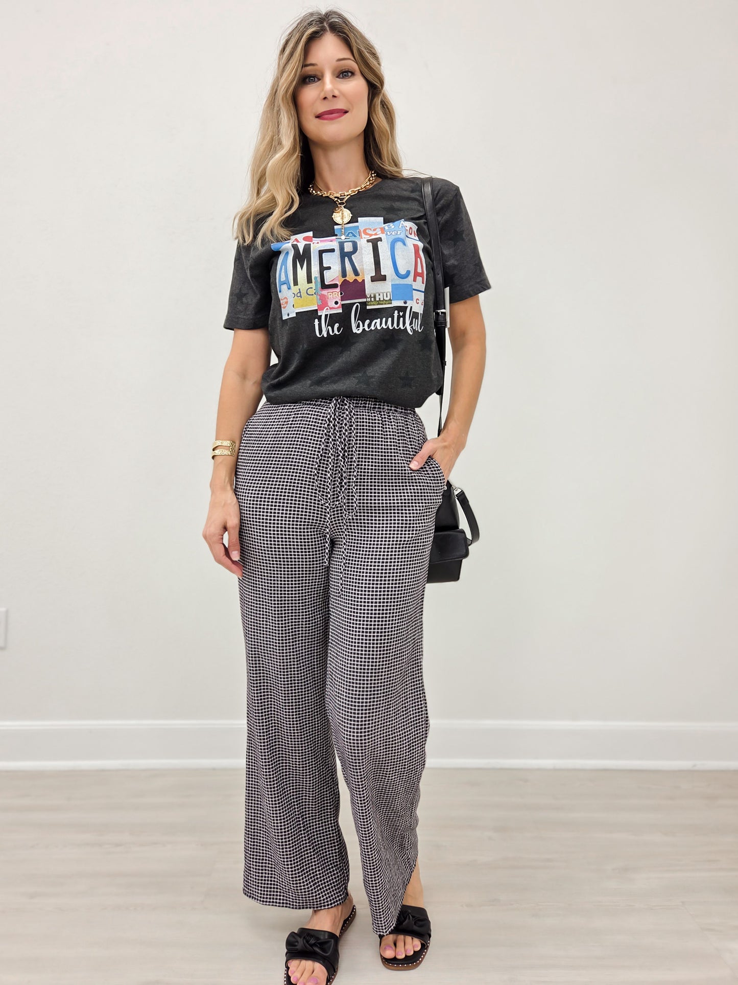 Mid Rise BLACK and WHITE Checkered Print Straight Leg Pants
